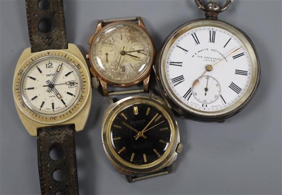 A silver pocket watch on albert and three gentlemans wrist watches including Smiths.